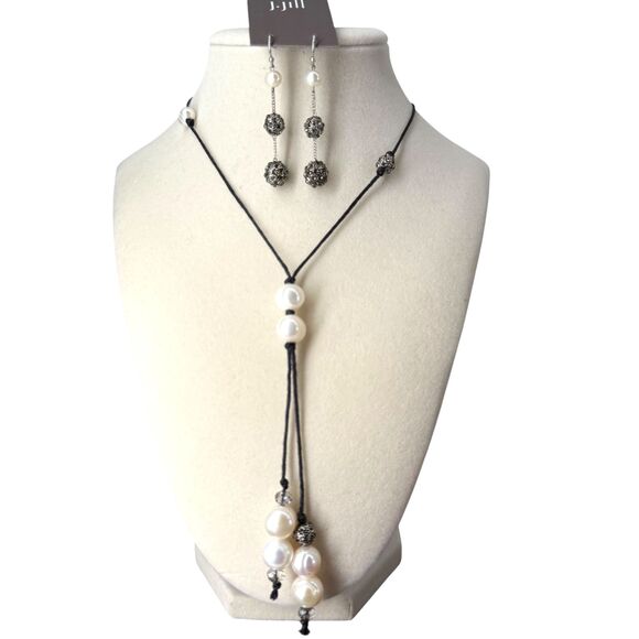 J. Jill Pearl Pavé Earrings w/ Beaded Adjustable Cord Necklace Set Y Statement - Picture 2 of 14